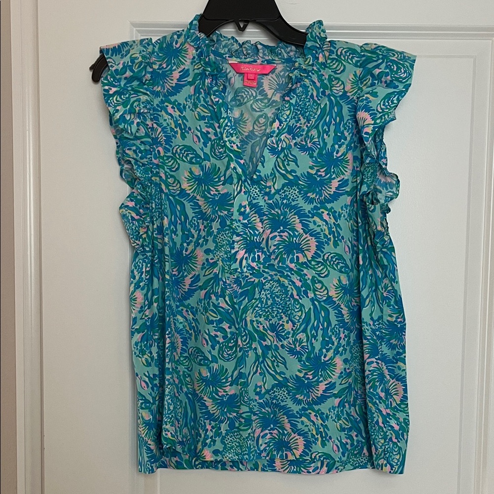 Lilly Pulitzer Teal and Pink Patterned Blouse